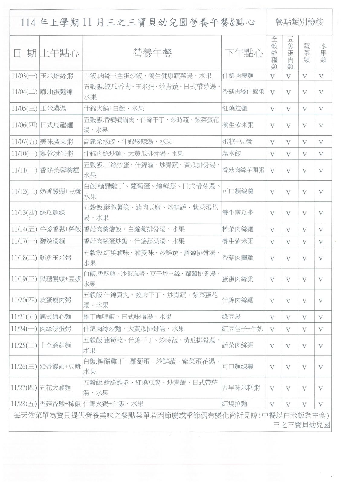 114年11月份餐點表