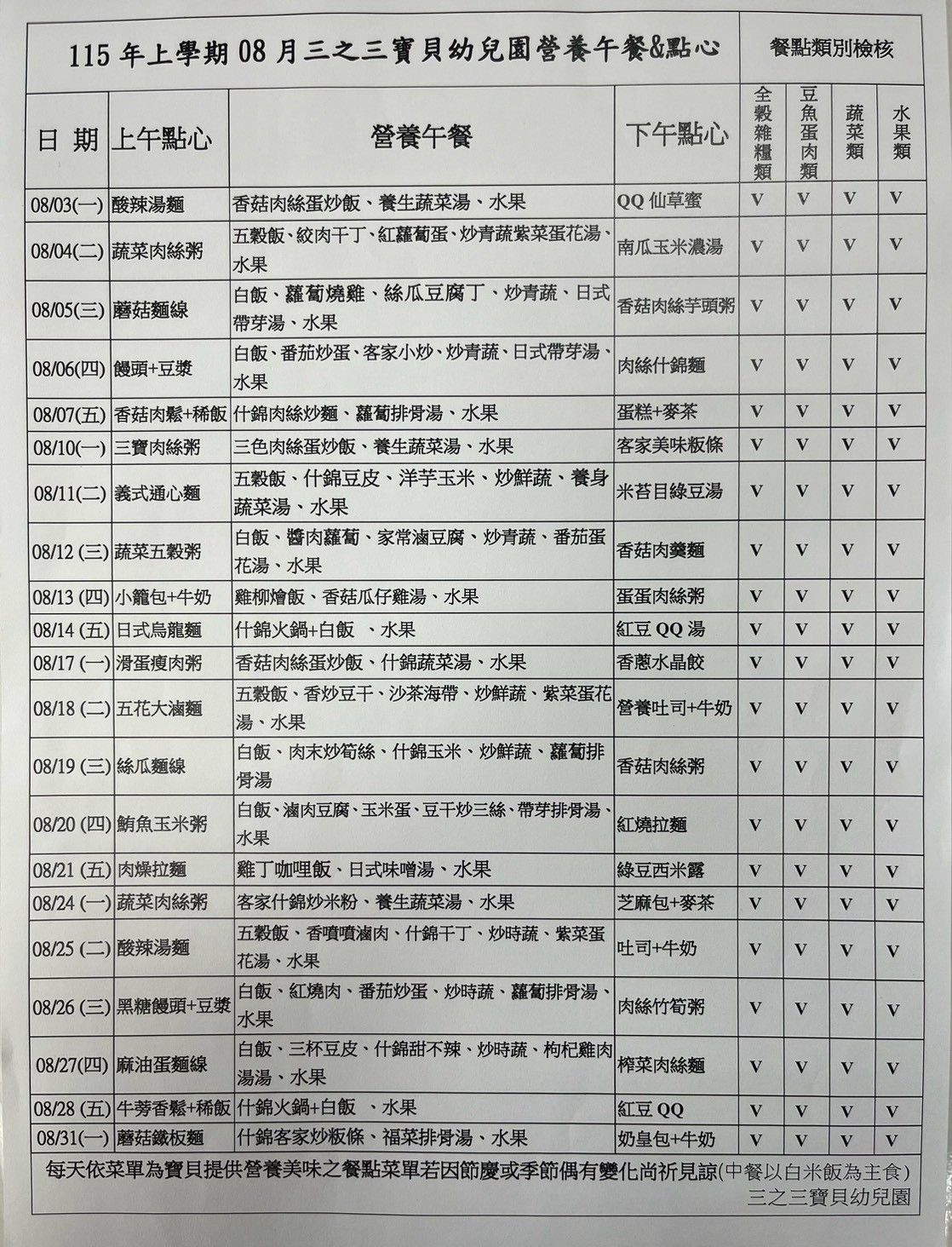115年8月份餐點表
