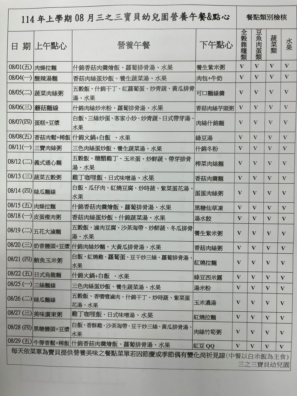 114年8月份餐點表
