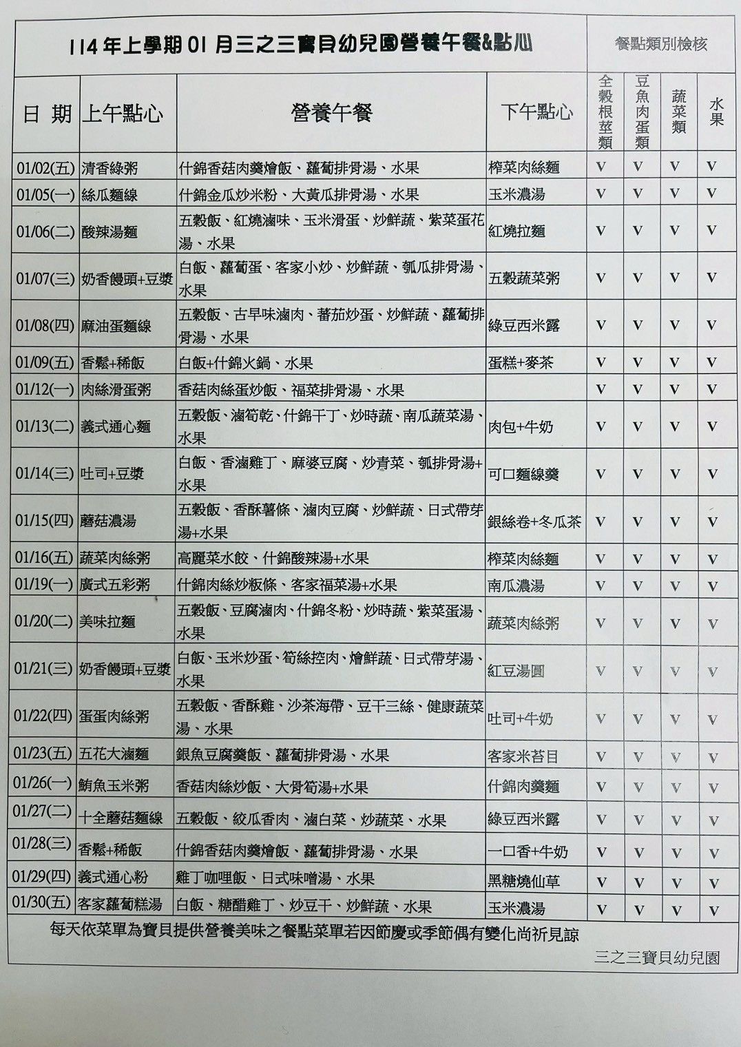 115年1月份餐點表