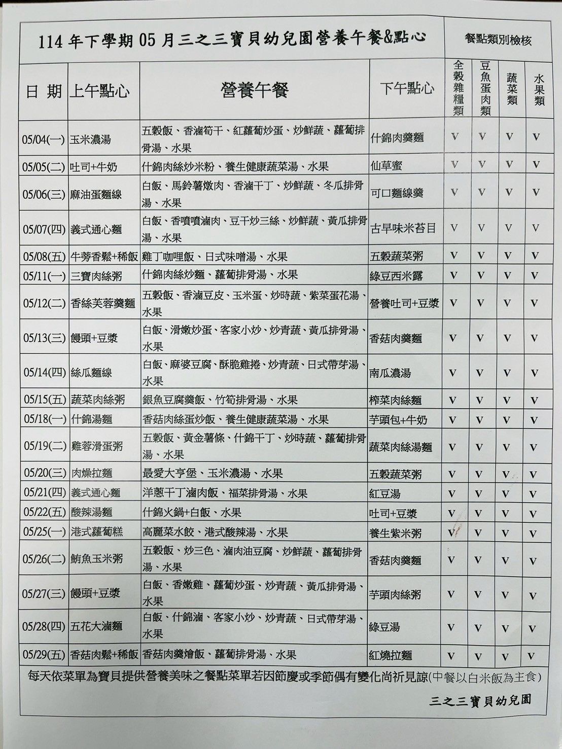 115年5月份餐點表