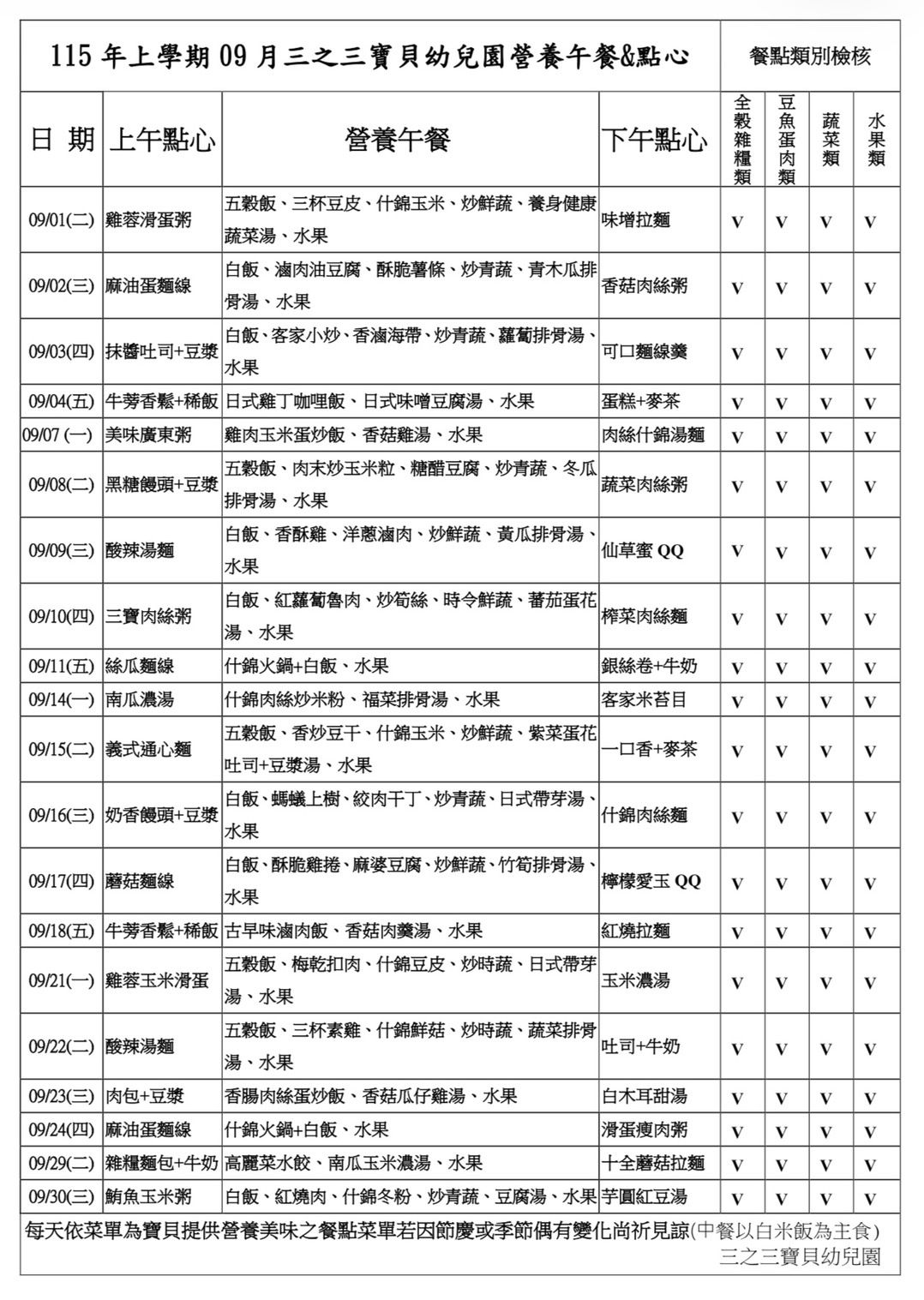 115年9月份餐點表